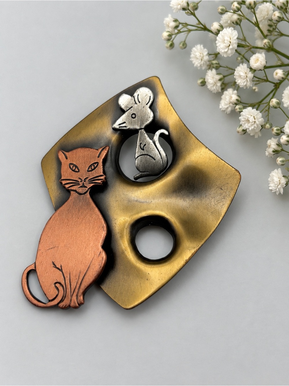 Vintage K&T Signed Cat and Mouse Cheese Pin Brooch